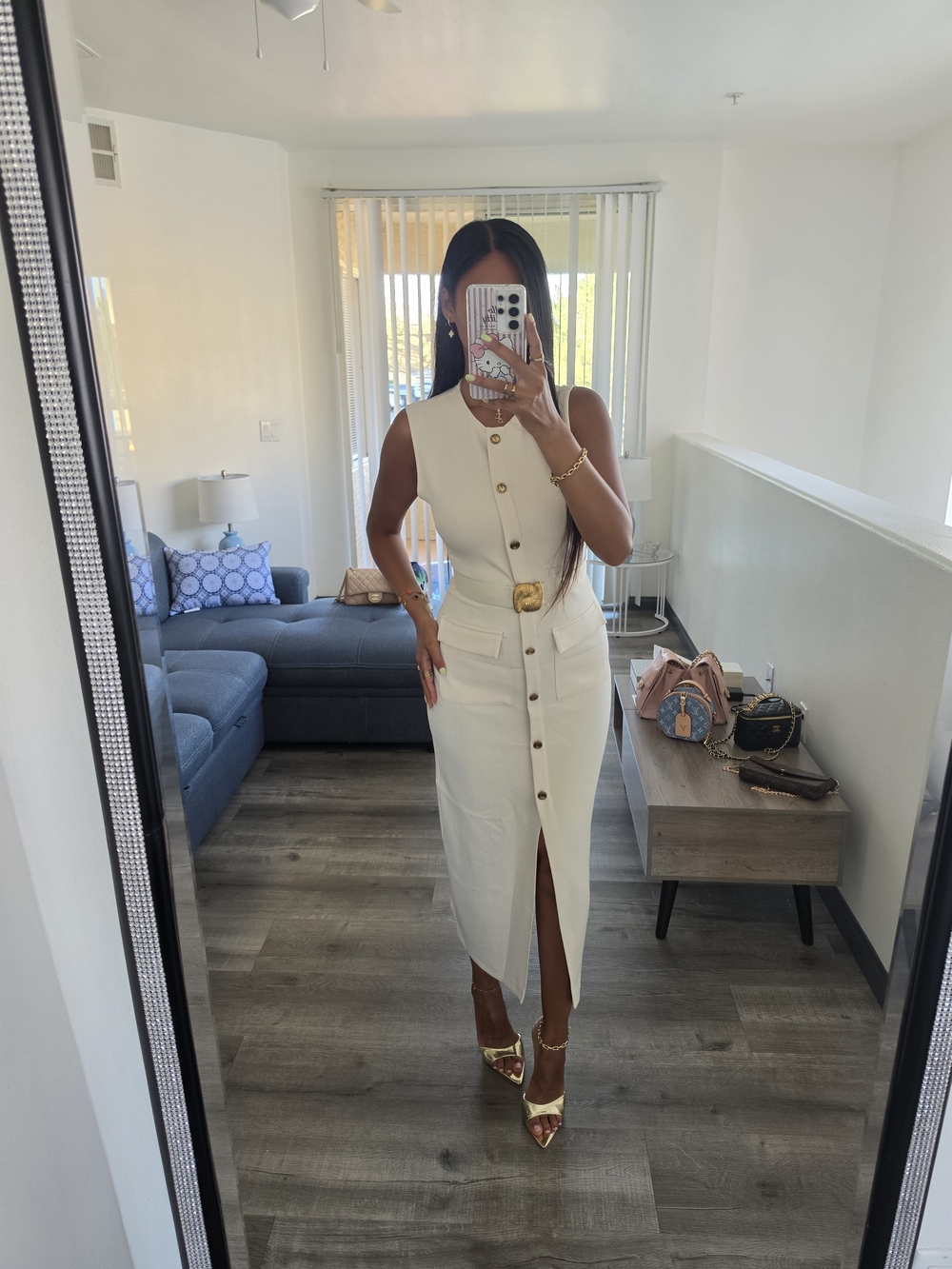 Zara Cream Button-Front Midi Dress with Gold Accents - Picture 11 of 17